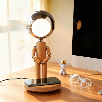Wooden Robot LED Desk Lamp with 15W Wireless Fast Charging